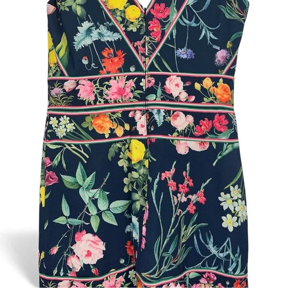TADASHI SHOJI Olga Navy Floral Midi Dress V-Neck Sleeveless Size 6 flower EUC